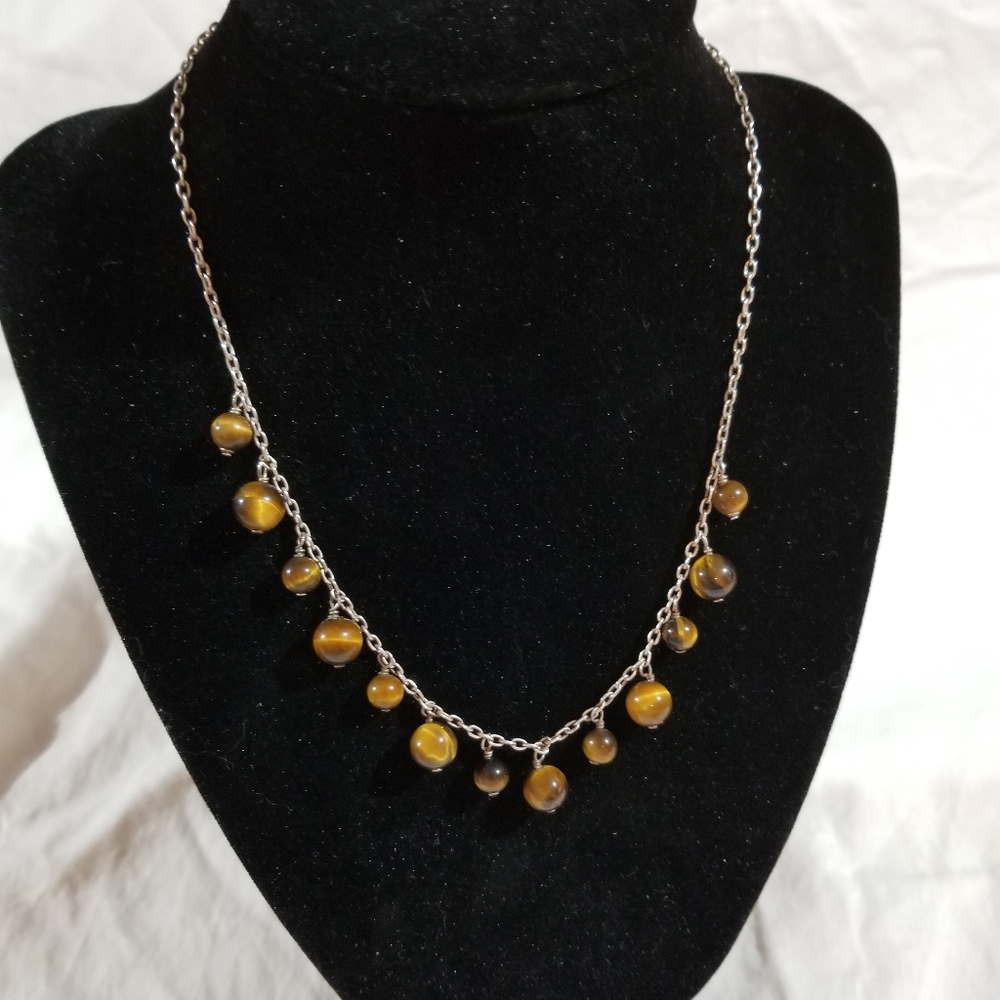 .925 Sterling Silver Tiger's Eye Beaded Necklace, 16" & Leverback Earrin…